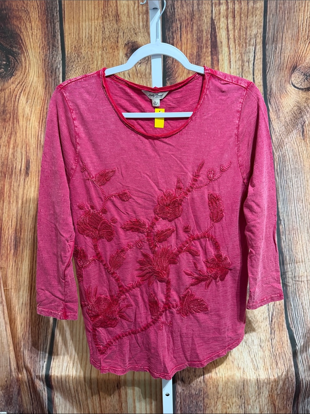Lucky Brand Dye Washed 3/4 Sleeve Embroidered Blouse Size L
